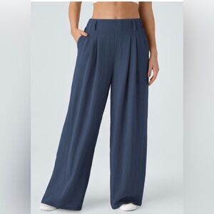 HALARA High Waisted Pocket Wide Leg Flowy Solid Palazzo Casual Linen-Feel Pants